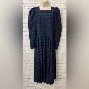 Laura Ashley Size 10 Vintage 80’s‎ Plaid Wool Maxi Dress Green Purple Tartan